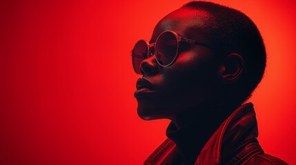 fashion and black man profile with music and online song streaming. Internet radio, web audio and African male model with red background in a studio with gen  and neon lighting