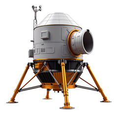 A detailed 3D render of a spacecraft, poised for landing. The image is perfect for illustrating space exploration, science fiction.