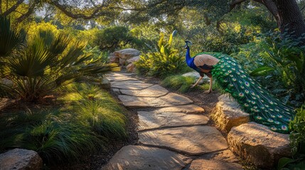 A vibrant peacock stands on a stone path in a lush green garden, its iridescent feathers shimmering in the sunlight.