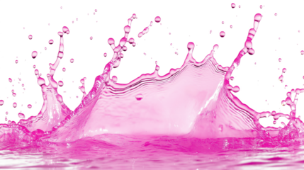 Vibrant pink water droplet suspended in mid-air on white transparent background. Close-up of isolated liquid splash in motion. Dynamic pose of fluid droplet on clean background. Alpha mask.