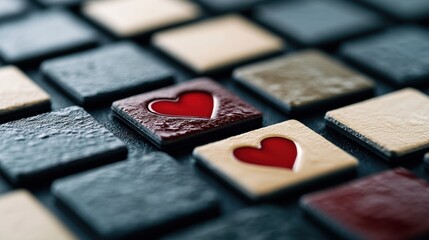 Heart-themed tiles create a striking pattern with contrasting textures and colors, AI