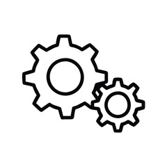 Simple black outline of two gears, Minimalistic black outline of two interlocking gears, representing mechanics, settings, configuration, and teamwork in a clean design.