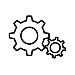 Simple black outline of two gears, Minimalistic black outline of two interlocking gears, representing mechanics, settings, configuration, and teamwork in a clean design.