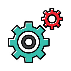 Two colorful gears in teal and red, Illustration of two interlocking gears in teal and red, representing settings, teamwork, mechanics, and process in a bold design.
