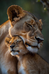 Close-up of a lioness tenderly grooming her cub. generative ai