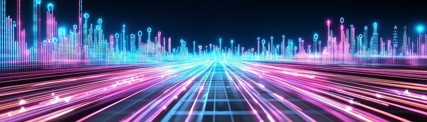 Explore the Future of Digital Platforms with a Synthwave Graphic Featuring Vibrant Neon Landscapes and Dynamic Visuals