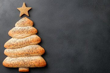 The Christmas tree is baked from bread and sprinkled with poppy seeds. Black background, empty space for text. A New Year's banner, a flyer for a bakery.