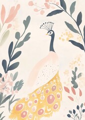 Vintage Style Peacock Artwork in Soft Colors for Decorative Use Generative AI