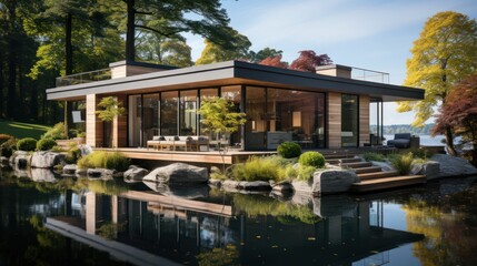 Obraz premium Modern glass house by a serene lake, surrounded by lush greenery and tranquil landscaping.