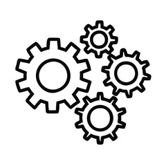 Outline icon of four interlocking gears, Black and white outline of four interlocking gears, representing teamwork, settings, mechanics, and industrial processes in a minimalistic design.
