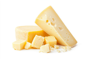 Various types of parmesan cheese , including cubes and chunks, on white background, showcasing cheese textures and forms