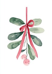 Watercolor Christmas Mistletoe Hanging from Red Ribbon for Holiday Decorations Generative AI