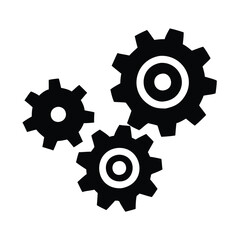 Three black gears icon symbolizing mechanics, Solid black icon of three interlocking gears, representing mechanics, settings, teamwork, and industrial processes in a bold design.
