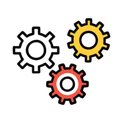 Three colorful gears icon for settings and teamwork, Illustration of three gears in white, yellow, and red, symbolizing settings, teamwork, mechanics, and process in a vibrant and playful design.
