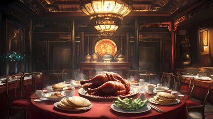 Peking duck, served with pancakes, scallions, and hoisin sauce, elegant chinese restaurant, traditional decor. Imperial Chinese Palace. Illustration