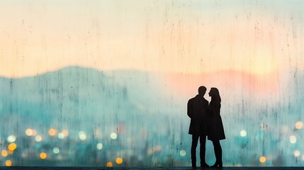 Romantic Moments by the Window with City View at Dusk Celebrating Love and Connection, Silhouette of Couple on backdrop of a colorful sunset and blurred city lights, emotional connection