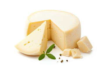 Various types of parmesan cheese , including cubes and chunks, on white background, showcasing cheese textures and forms