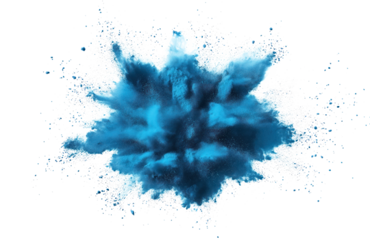 Vibrant cyan explosion against alpha background. Blue particles scattered in various directions. Energy, motion, intensity. Central explosion draws attention. Contrast between particles, background.