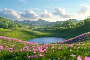 Sunny Springtime Landscape with Green Hills, Lake and Flowers Generative AI