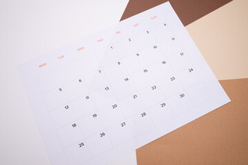 Monthly and yearly calendar. Paper calendar with date. Day planner. Weekly, monthly and yearly schedule. Modern organizer. Business diary. Deadline reminder. Daily events management. Template and grid