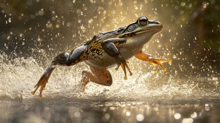 A green frog leaping through water with a splash of water droplets against a blurred background.