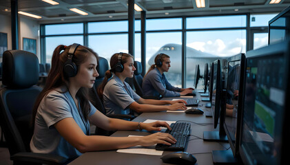 Students actively participate in hands-on training with flight simulators at cutting-edge facility, enhancing their aviation skills in dynamic, collaborative environment full of enthusiasm & learning