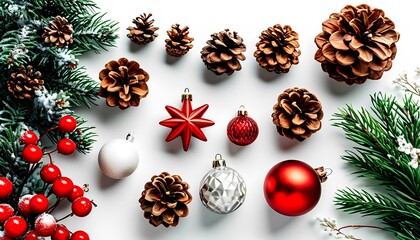 Christmas garland with red and gold baubles, berries, and pinecones on a white background. PNG transparent.