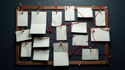 Classic crime scene photos on a board, connected by red string and notes, representing an ongoing investigation