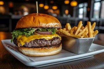 A cheeseburger with a side of french fries