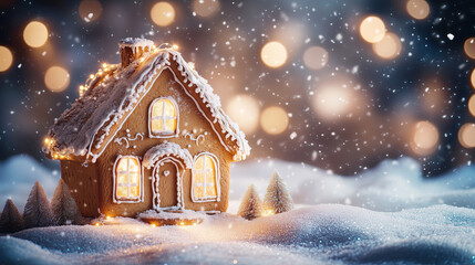 Gingerbread house at night with lights on christmas background