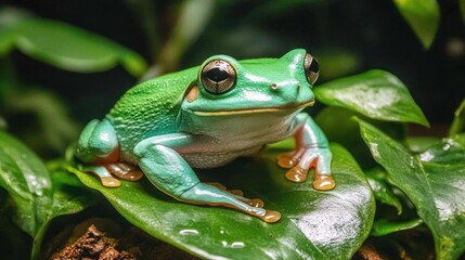 A vibrant green and blue frog with large, black eyes sits on a green leaf, its skin glistening with moisture.