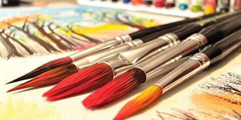 Fototapeta premium A tray of primary color paintbrushes resting on a pristine white background.