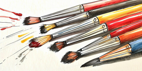 Fototapeta premium A tray of primary color paintbrushes resting on a pristine white background.