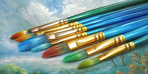 Obraz premium A tray of primary color paintbrushes resting on a pristine white background.