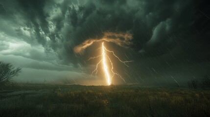 A thunderstorm over the plains, with lightning striking and creating large tornadoes .