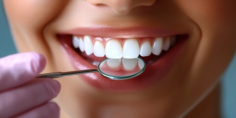 A dentist examines a patient's bright smile with a mirror in a well-lit dental office