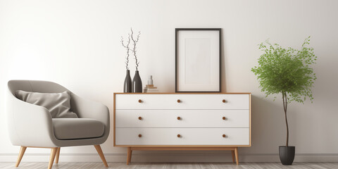 Empty frame on wooden table with flowers on white wall.