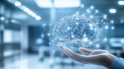 a hand reaching towards a digital representation of a brain made up of interconnected lines and nodes symbolizing AI.