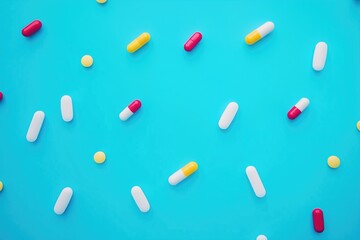 Top view colorful antibiotic capsule pills on blue background. Online pharmacy banner. World Health Day. Pharmaceutical industry