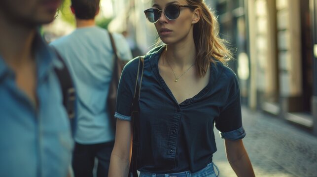 Woman Walking Uncomfortably on Street in Urban Setting