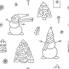 Seamless pattern New Year doodle drawing, for design, background, wrapping paper. Vector illustration.