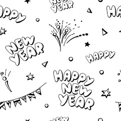 Seamless pattern New Year doodle drawing, for design, background, wrapping paper. Vector illustration.