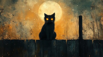 Mysterious Black Cat Sitting on a Fence Under a Glowing Night Sky Generative AI