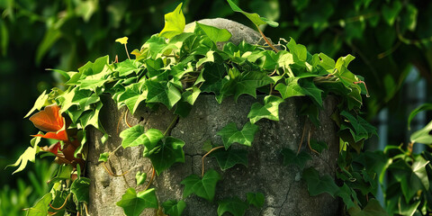 A vine of ivy twisting around the base of a concrete column, creating an intricate pattern.