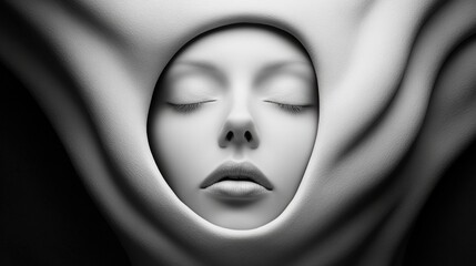 Surreal face emerging from a textured white surface, eyes closed in serene expression, AI