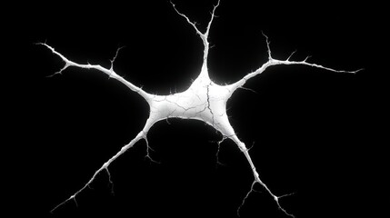 A single neuron cell with a white cell body and branching axons and dendrites on a black background.