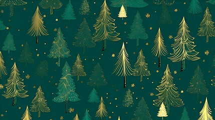 Christmas pattern on a green background golden beautiful fairy-tale Christmas trees. Wallpaper, New Year, winter.
