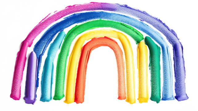 Vibrant rainbow in semi-circle with seven distinct colors. Colors transition smoothly from bright red to cool blue. Evenly spaced, creating balance, harmony. Rainbow isolated on isolated background,