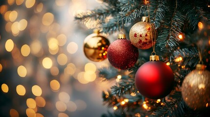 Christmas Ornaments Hanging from a Pine Tree with Twinkling Lights, Festive Holiday Decoration Generative AI