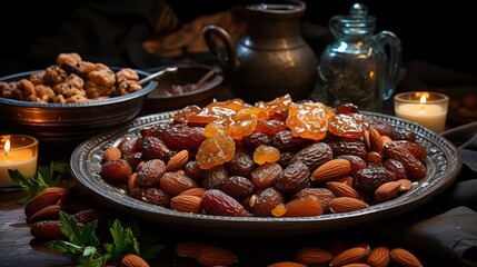 Rich and symbolic Ramadan spread, highlighting dates and almonds, deeply rooted in Middle Eastern tradition.